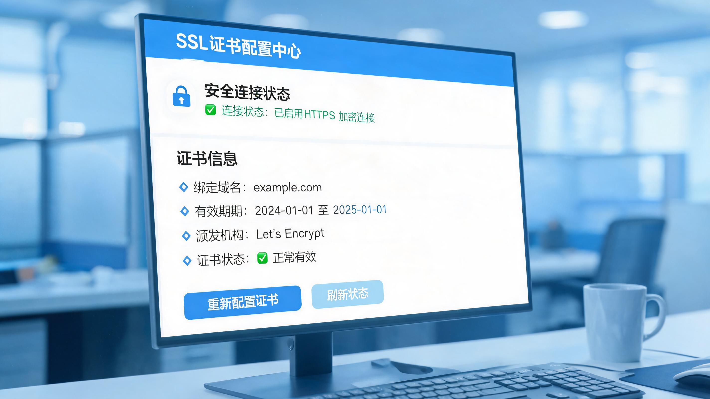 SSL证书配置界面与加密标识示意，展示安全连接状态