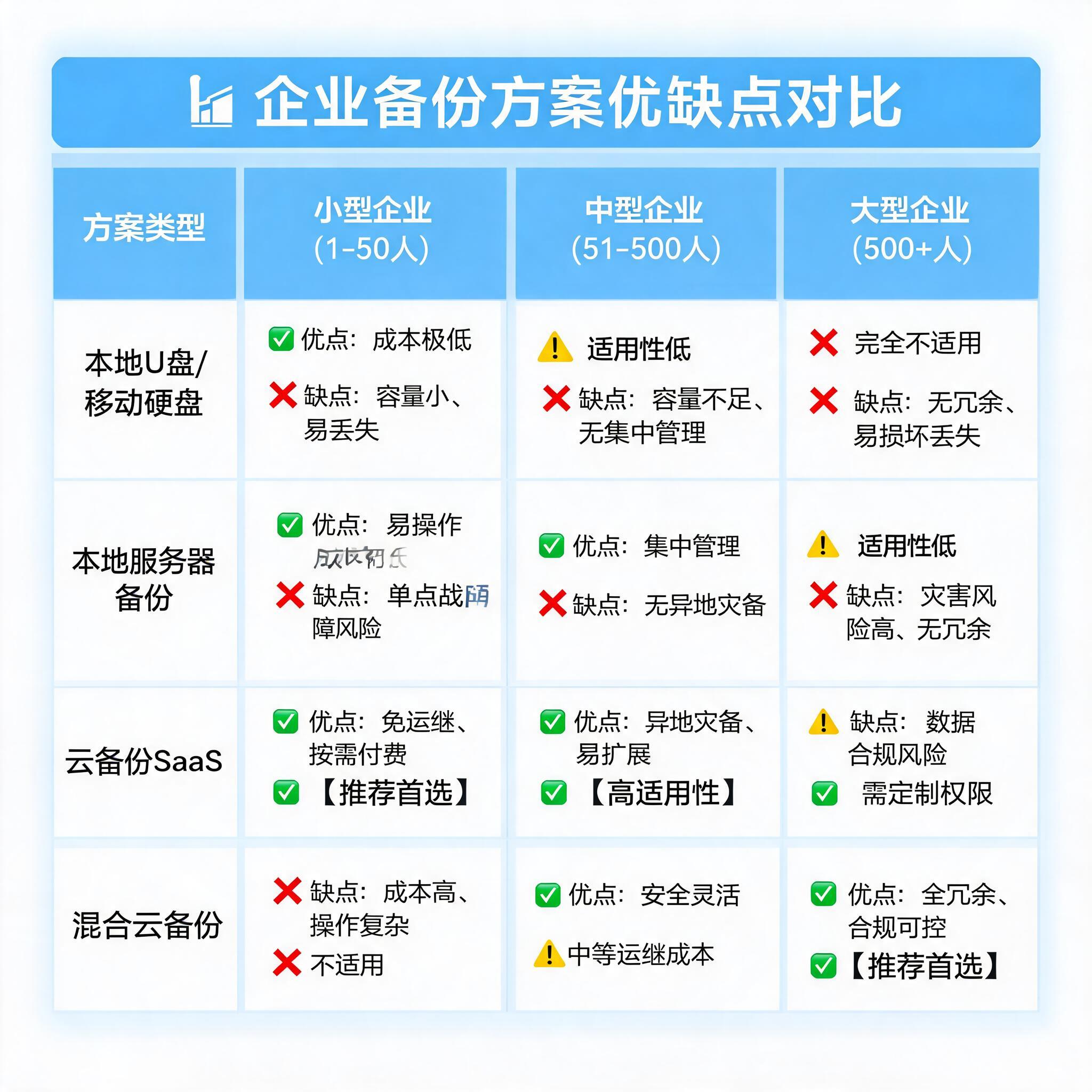 不同备份方案优缺点对比表格，标注适用企业规模