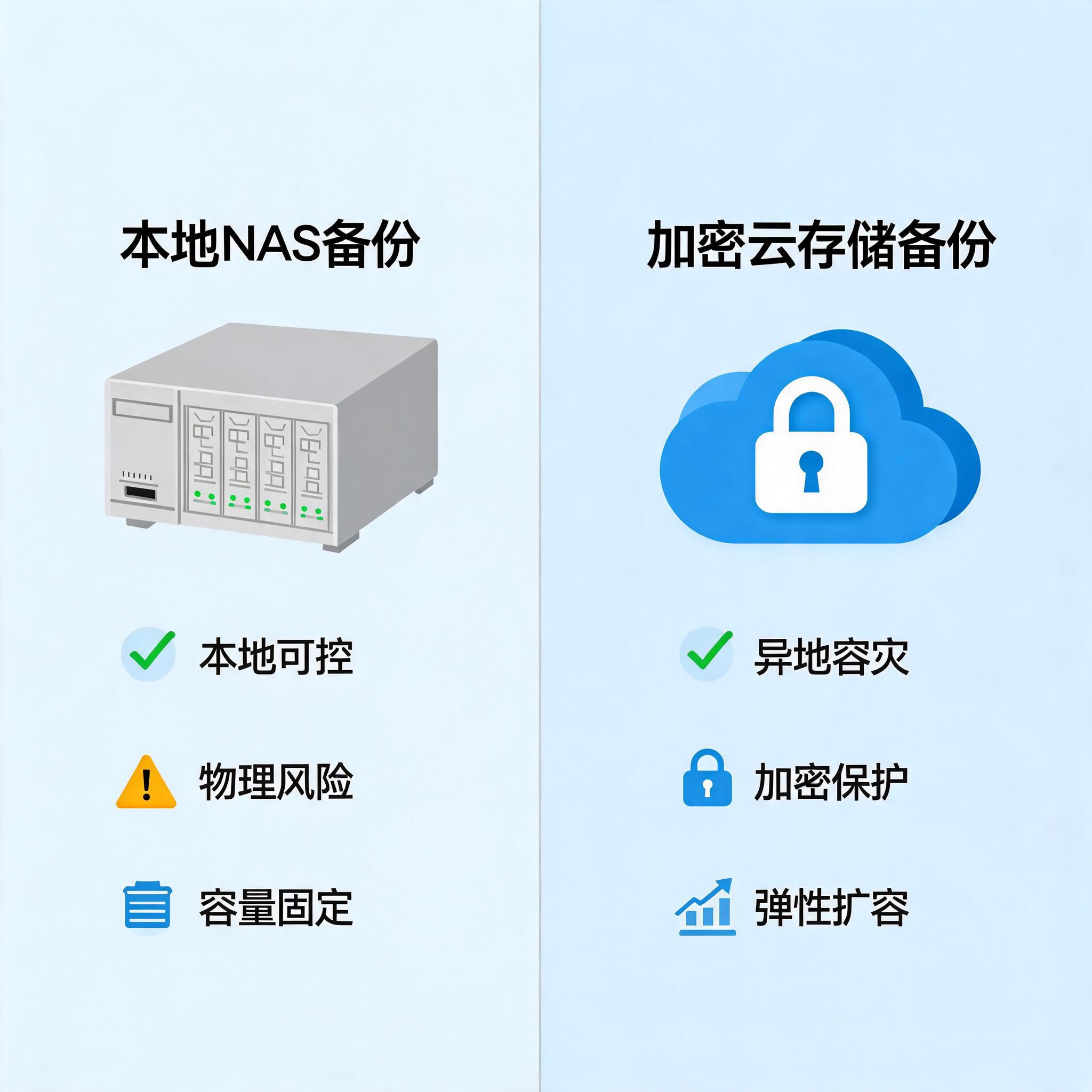 备份存储位置选择示意图——展示本地NAS与加密云存储两种方案